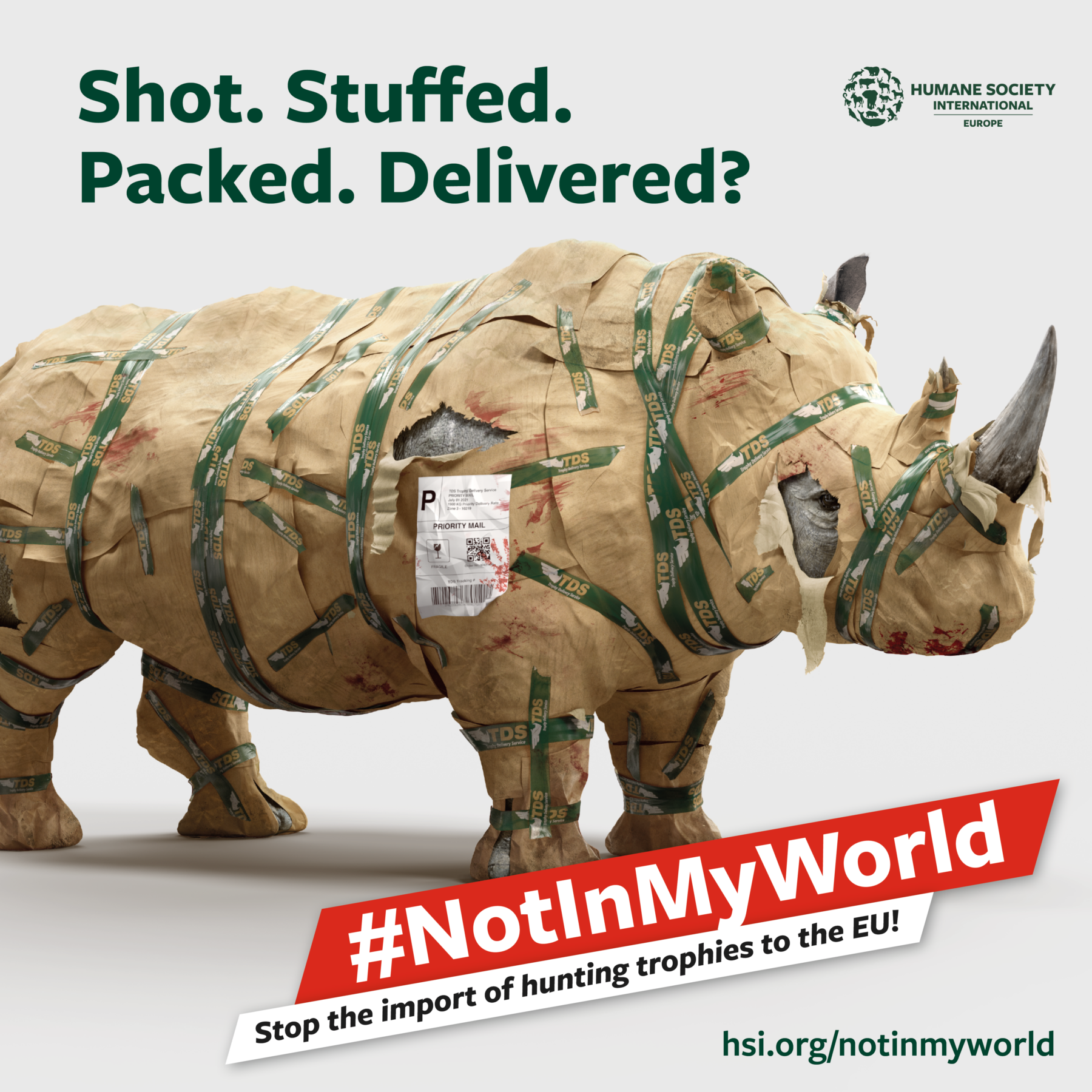 Images of bloodied dead rhinoceros shot, stuffed and delivered to the EU  appear in hard-hitting campaign to ban hunting trophy imports - Humane  Society International